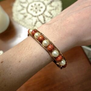 Handmade Copper Wire Bangle with Orange Beads and Ivory Pearls